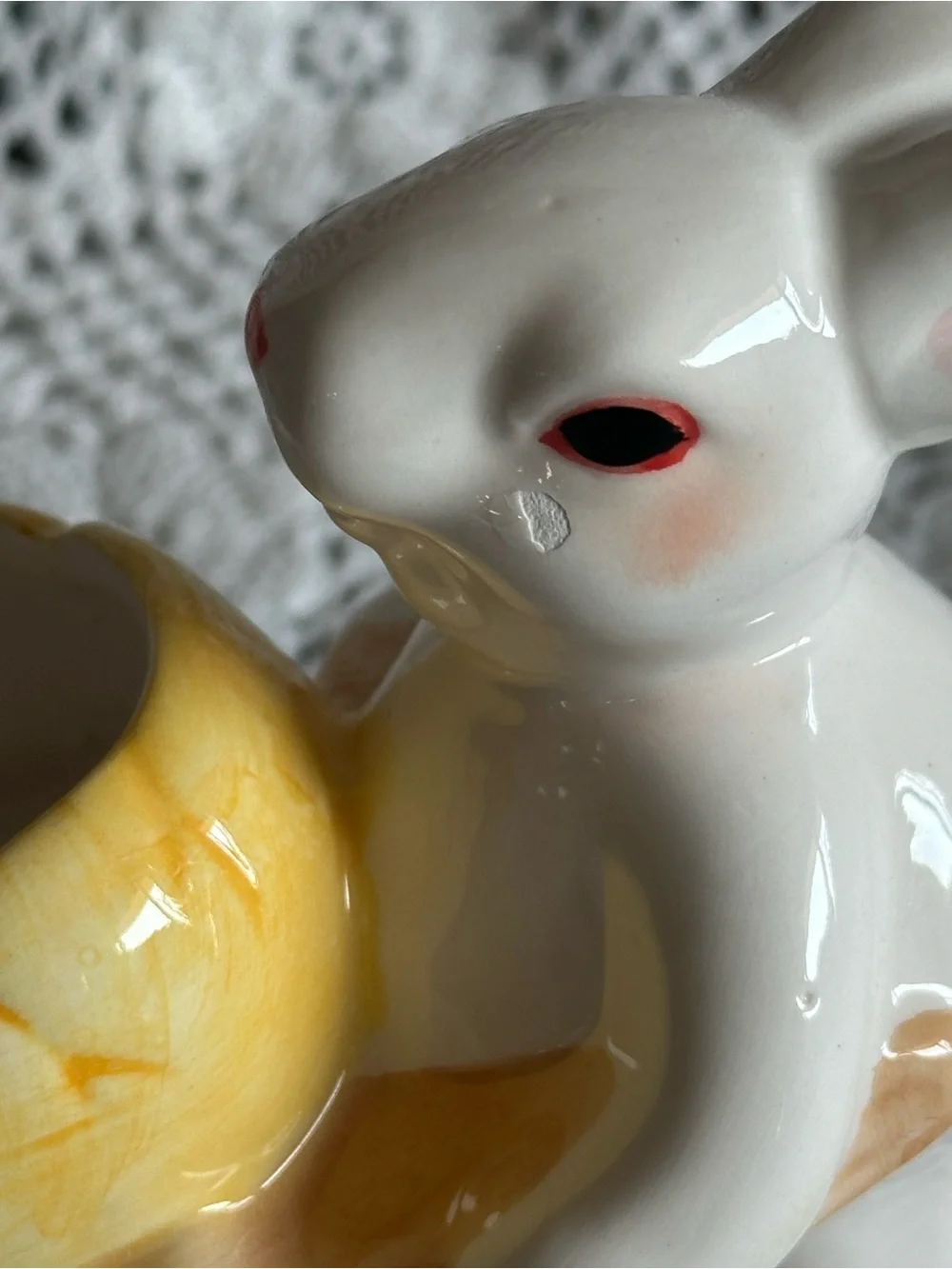 Vintage White Ceramic Bunny Planter with Yellow Egg Cart Wheel, Easter, Spring